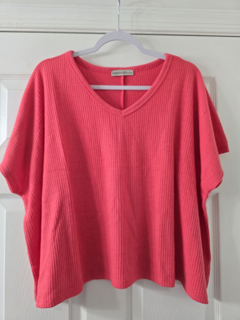 Zenana Outfitters Ribbed Hacci V-Neck Shirt - Coral Pink - L/XL